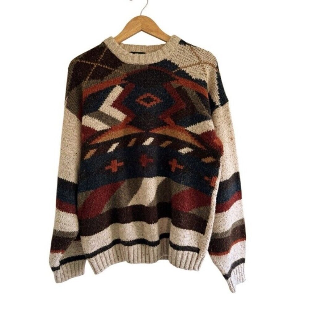 Vintage Etchings Mens Sz L Brown Blue Tan Crewneck Knit Wool Blend Sweater